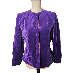 VTG Guy Laroche Womens Purple Grape Velvet Blazer Jacket Pockets Red Trim Sz 14